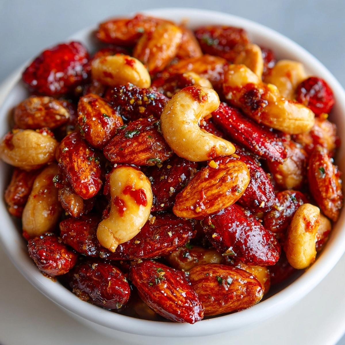 Golden, glistening Sriracha Honey Roasted Nuts, warm from the oven, irresistibly crunchy treat.