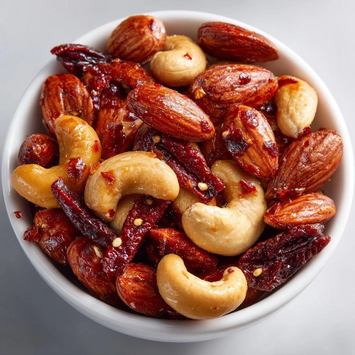 Close-up of candied Sriracha Honey Roasted Nuts, piled high, ready for game day snacking.