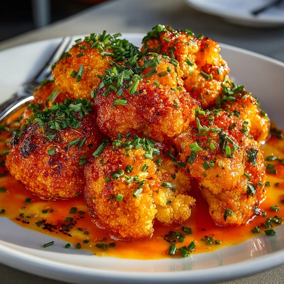 Crispy baked Spicy Buffalo Cauliflower Bites, golden-brown and ready for a tangy dipping sauce.