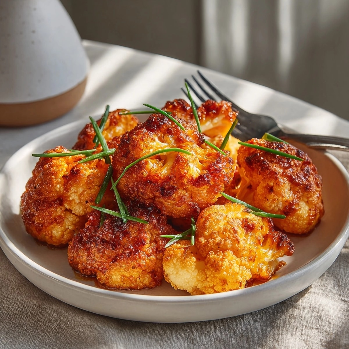 Close-up of vibrant, saucy Spicy Buffalo Cauliflower Bites; perfect game day snack, delicious!