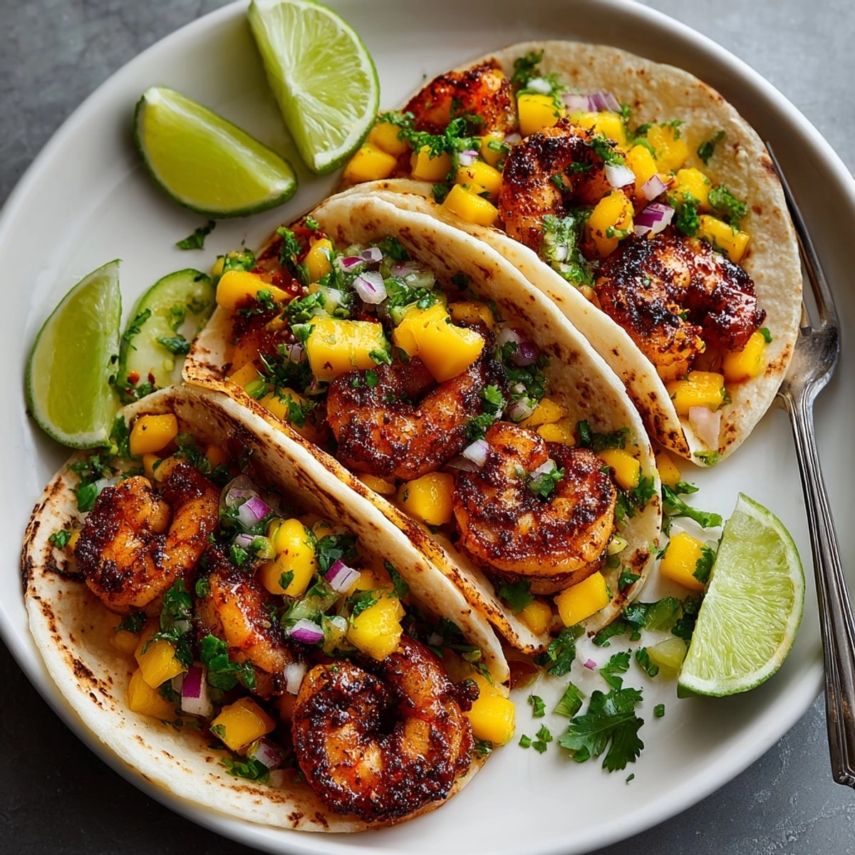 Close-up of Grilled Shrimp Tacos with Mango Salsa; the sweet, tangy salsa complements smoky shrimp.