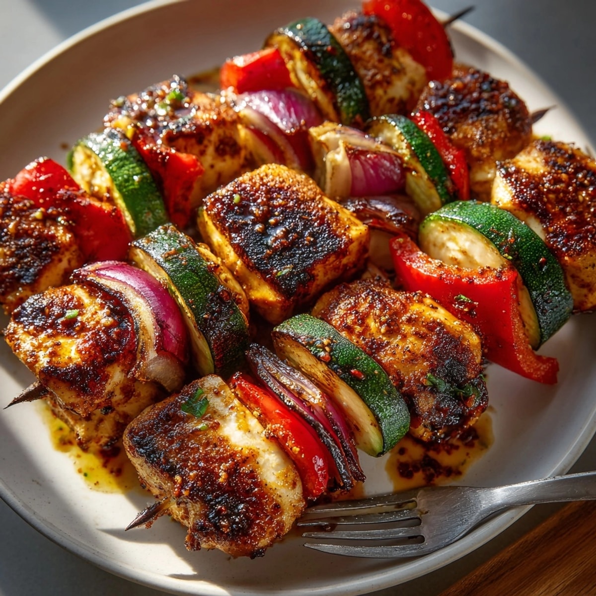 Juicy chipotle lime grilled chicken skewers glistening with a vibrant, flavorful marinade.