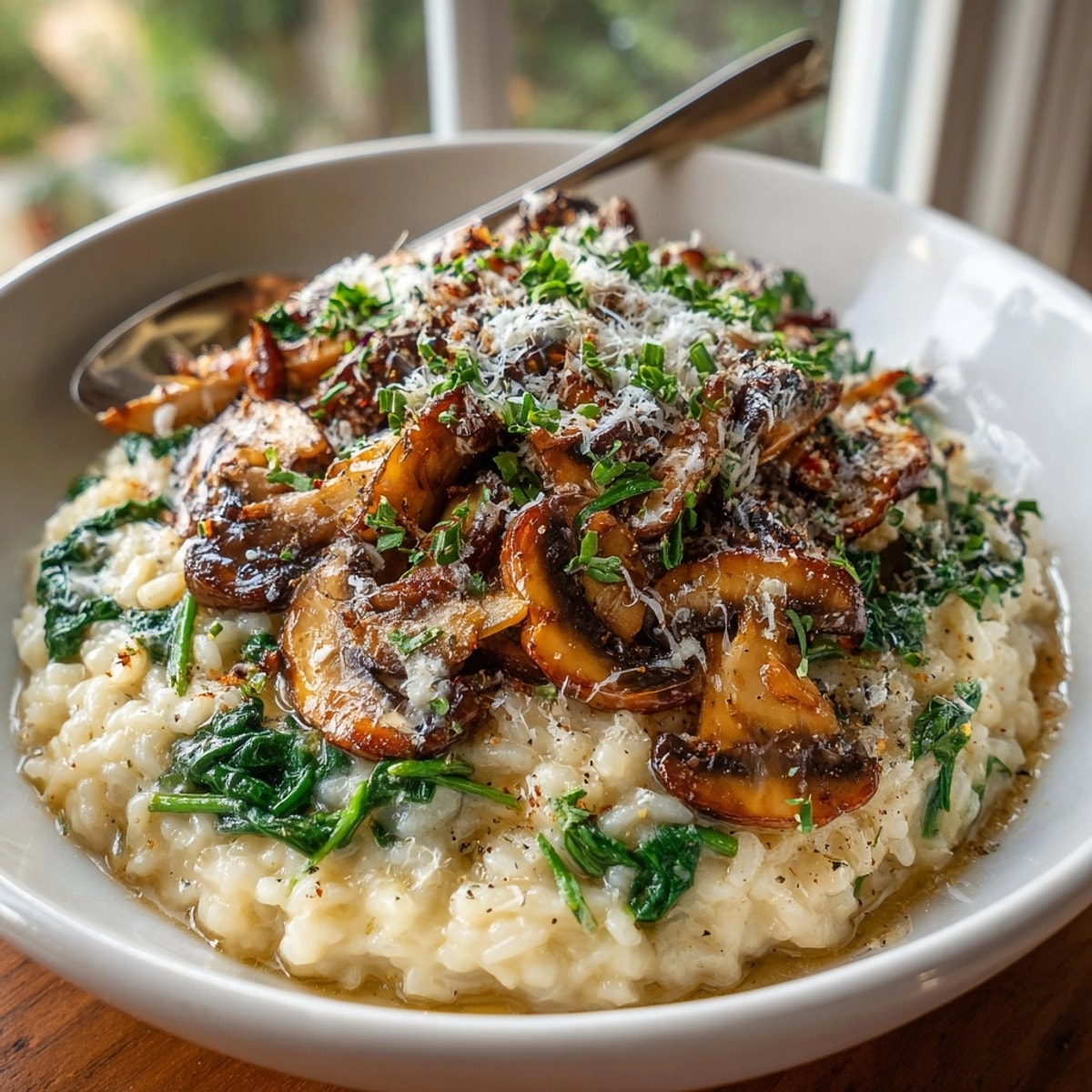Creamy Mushroom and Spinach Risotto: A comforting bowl showcased, steam rising, ready to serve.