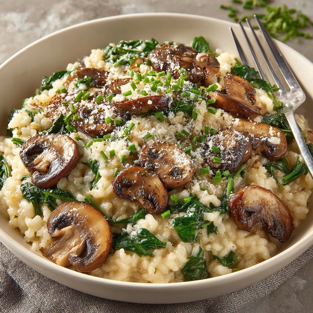 Elevated view of Creamy Mushroom and Spinach Risotto, glistening with parmesan and herbs.