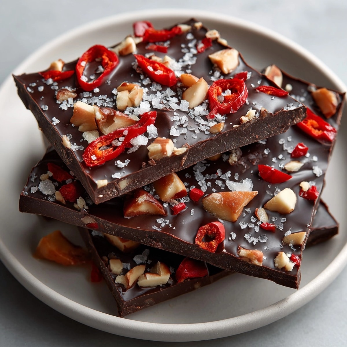 Melted, swirled Chili Chocolate Bark with pecans and a hint of chili spice.