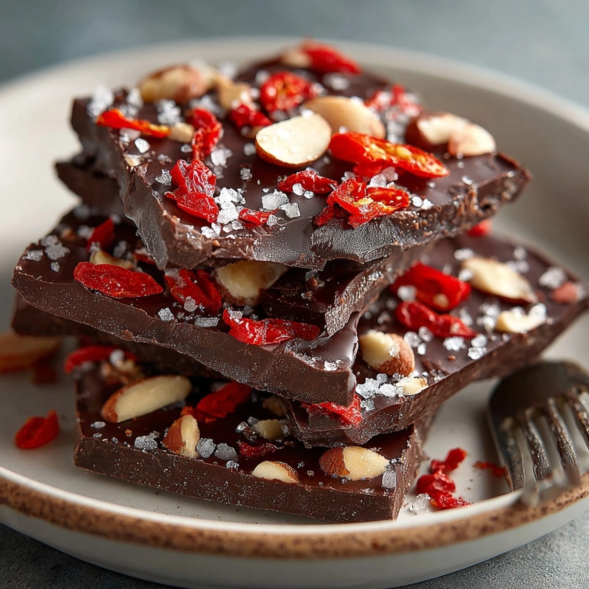 Spicy and sweet Chili Chocolate Bark pieces dusted with cocoa, a warm indulgence.
