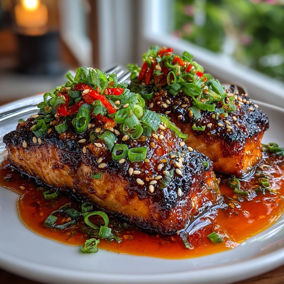 Easy Honey Sriracha Glazed Salmon dish: close-up, perfect for busy weeknight dinner meals.