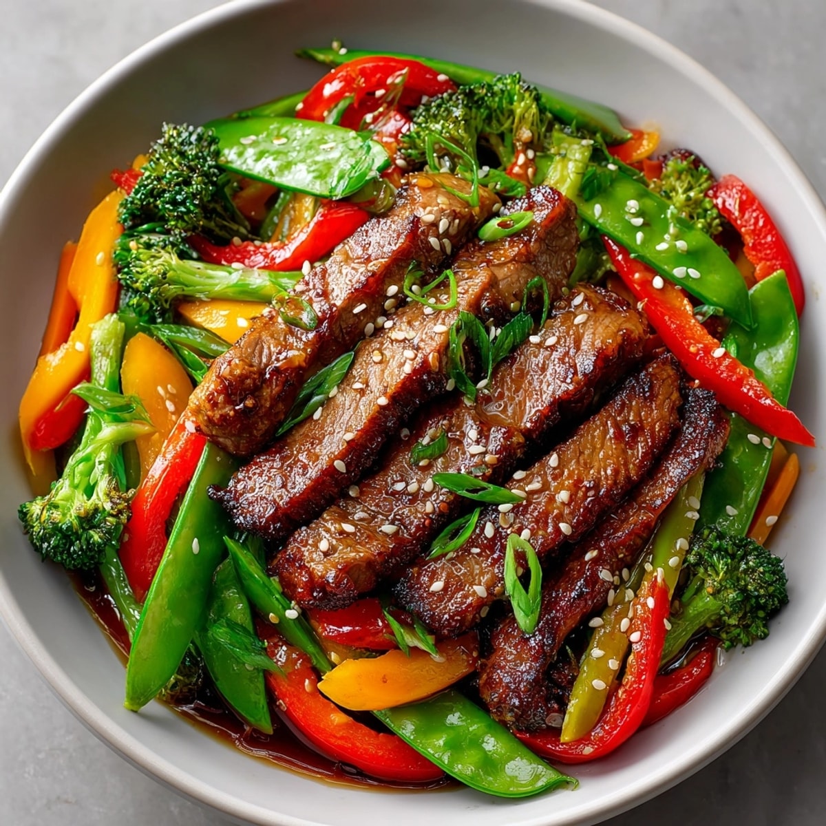Spicy beef and veggie stir-fry sizzling in a wok, ready over steaming rice.