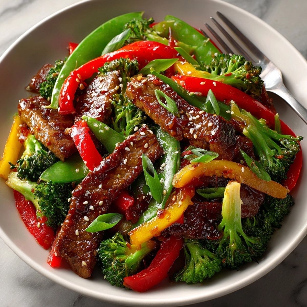 Close-up of a vibrant, homemade spicy beef and veggie stir-fry; perfect family meal.