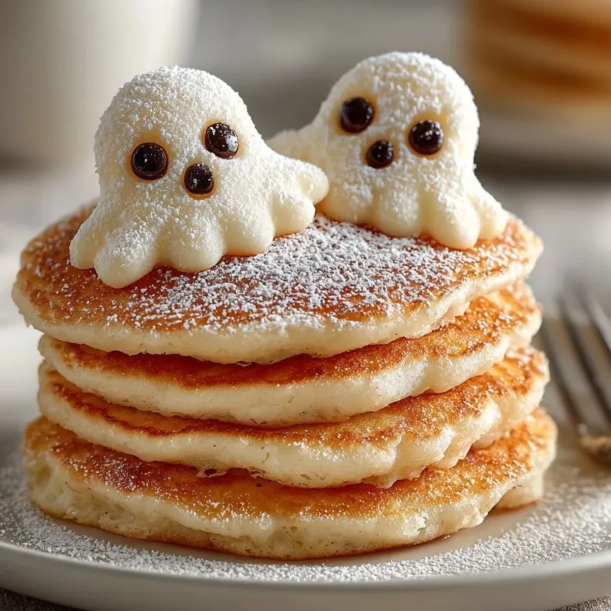 Golden Ghost Pancakes, a spooky-fun treat, topped with sweet powdered sugar 'boo' designs.