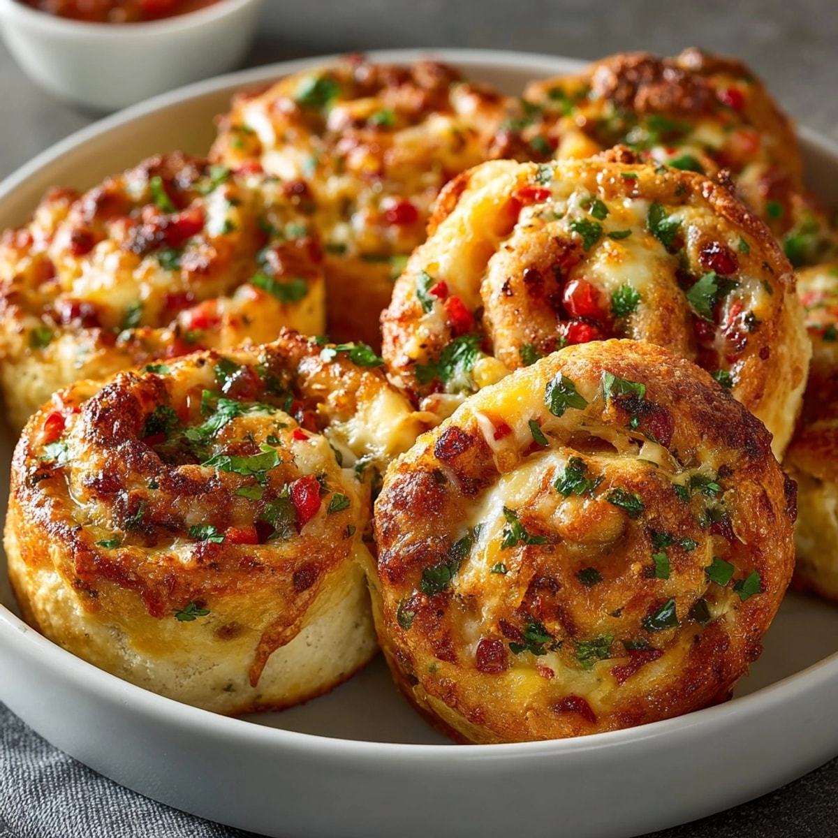Making Cheesy Tex-Mex Pinwheels: Sliced, prepared rolls arranged on baking sheet before baking.