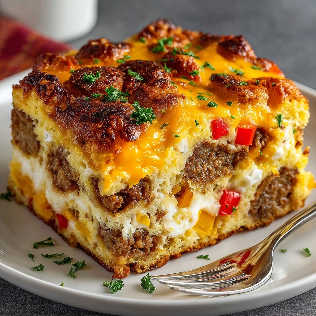 Golden-brown Leftover Stuffing Breakfast Casserole, topped with cheese, awaits slicing and serving.