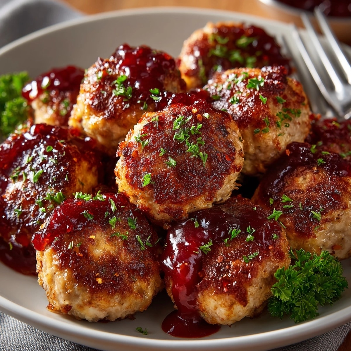 Close-up shows savory Cranberry BBQ Turkey Meatballs glistening in a rich, tangy sauce.