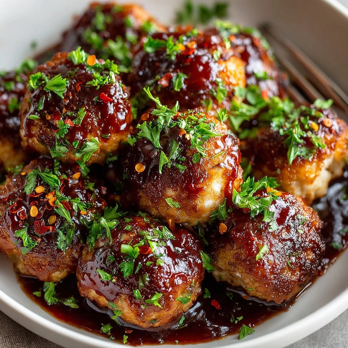 Baked Cranberry BBQ Turkey Meatballs, plated on a platter, garnished with fresh green parsley.