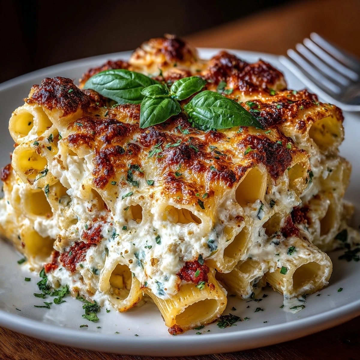 Golden baked Honeycomb Pasta oozes cheesy goodness, perfect Italian-American main dish, ready for dinner.
