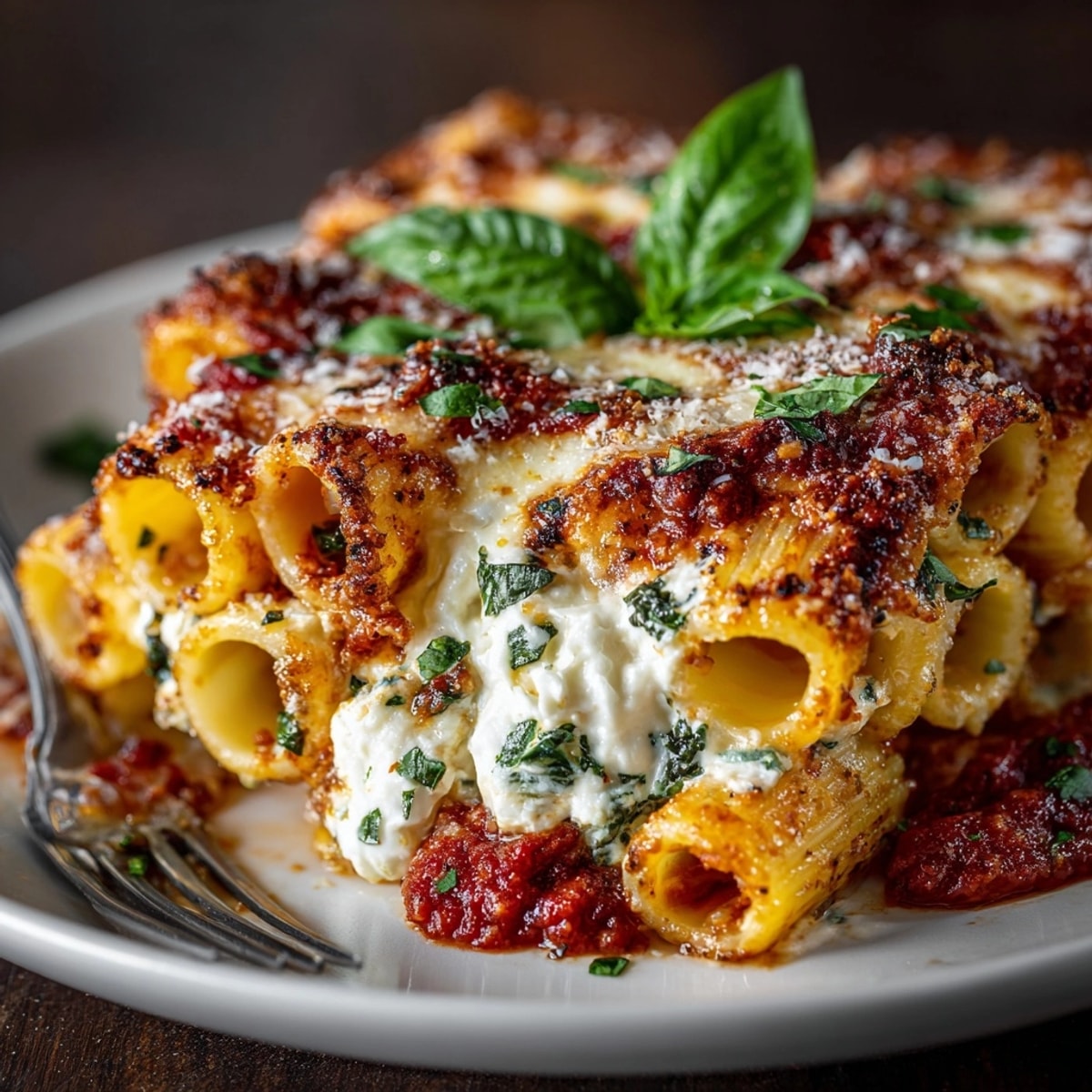 Close-up of bubbling Honeycomb Pasta, a savory bake revealing creamy ricotta filling inside rigatoni.