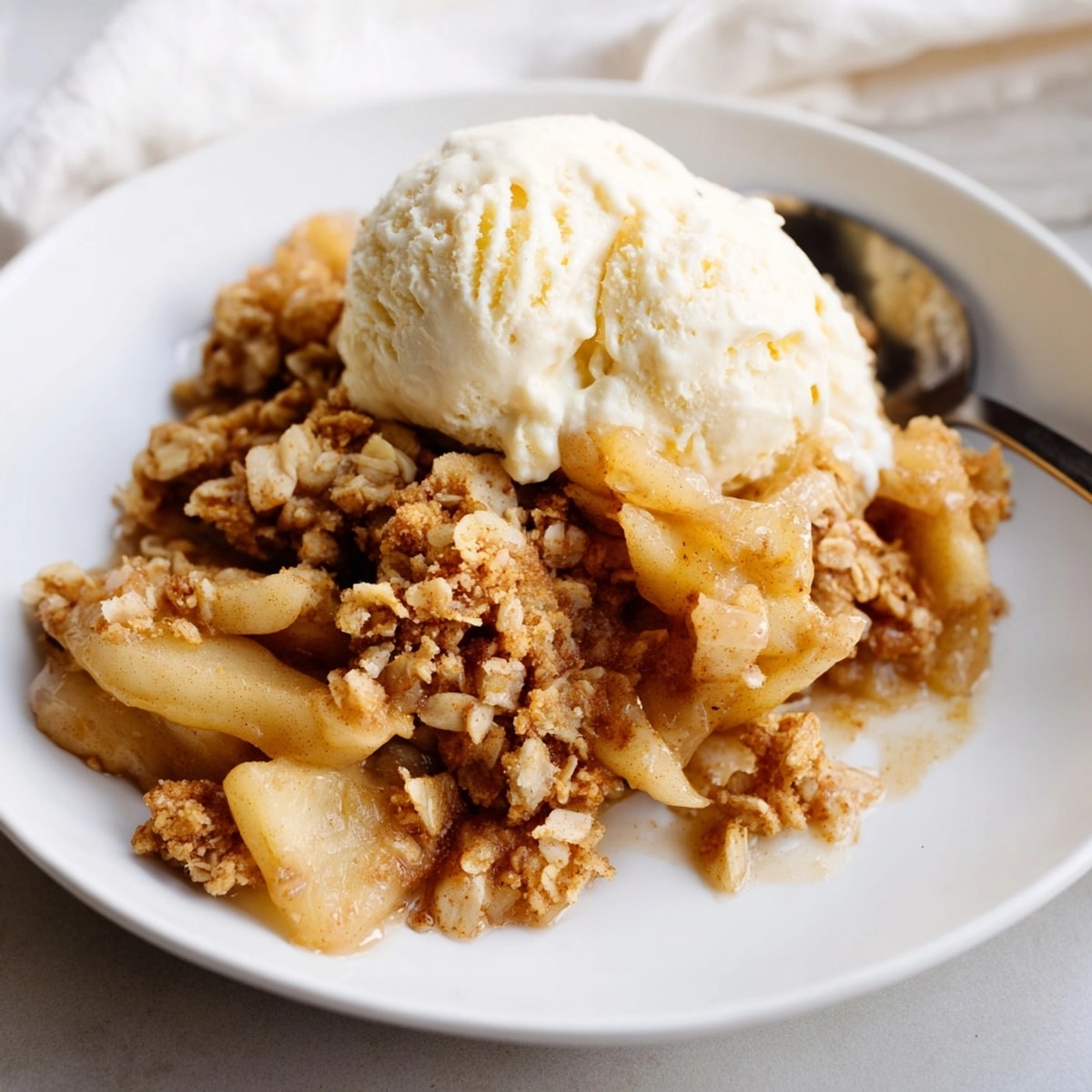 Golden brown Apple Crisp bubbling hot in baking dish, ready for vanilla ice cream.