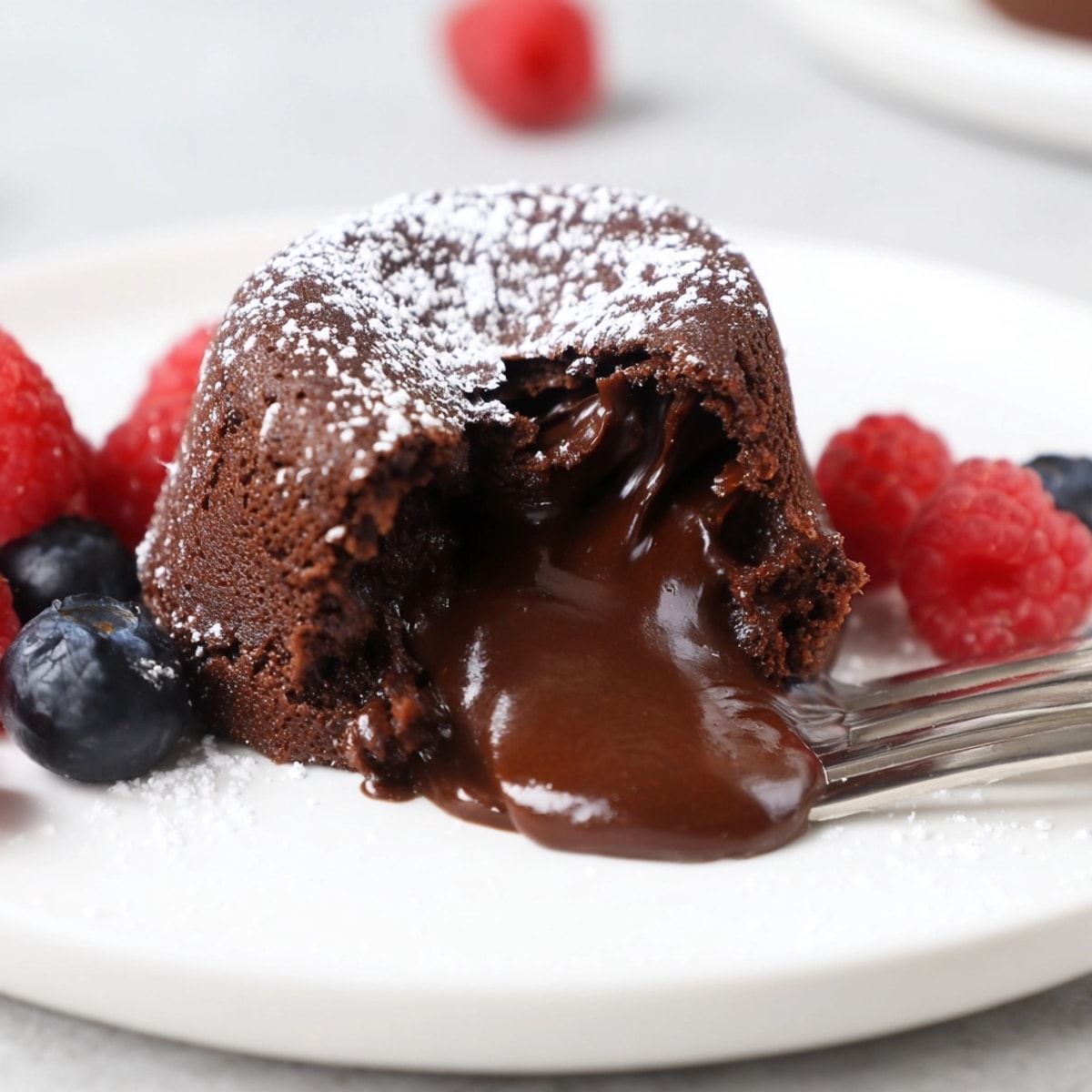 Close-up of decadent Chocolate Lava Cakes showing the gooey, melted chocolate center.