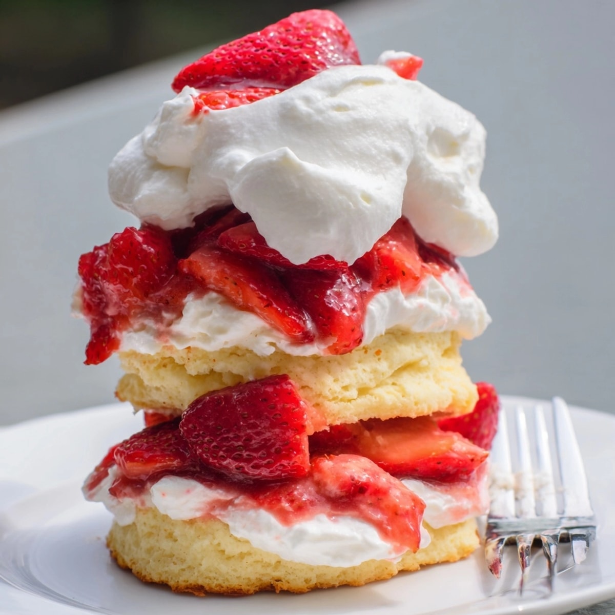 Close-up of a freshly made Strawberry Shortcake drizzled with sweet, ruby-red strawberry juice.