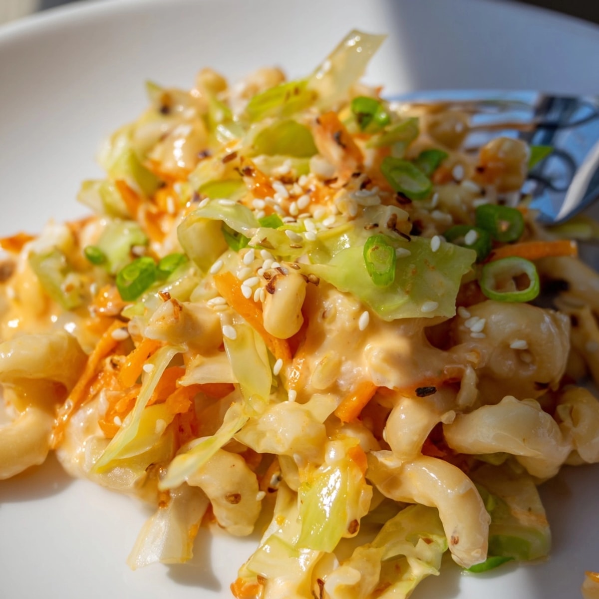 Close-up of creamy Mac and Cheese Egg Roll Stir-Fry, golden cheese melting over vibrant vegetables.