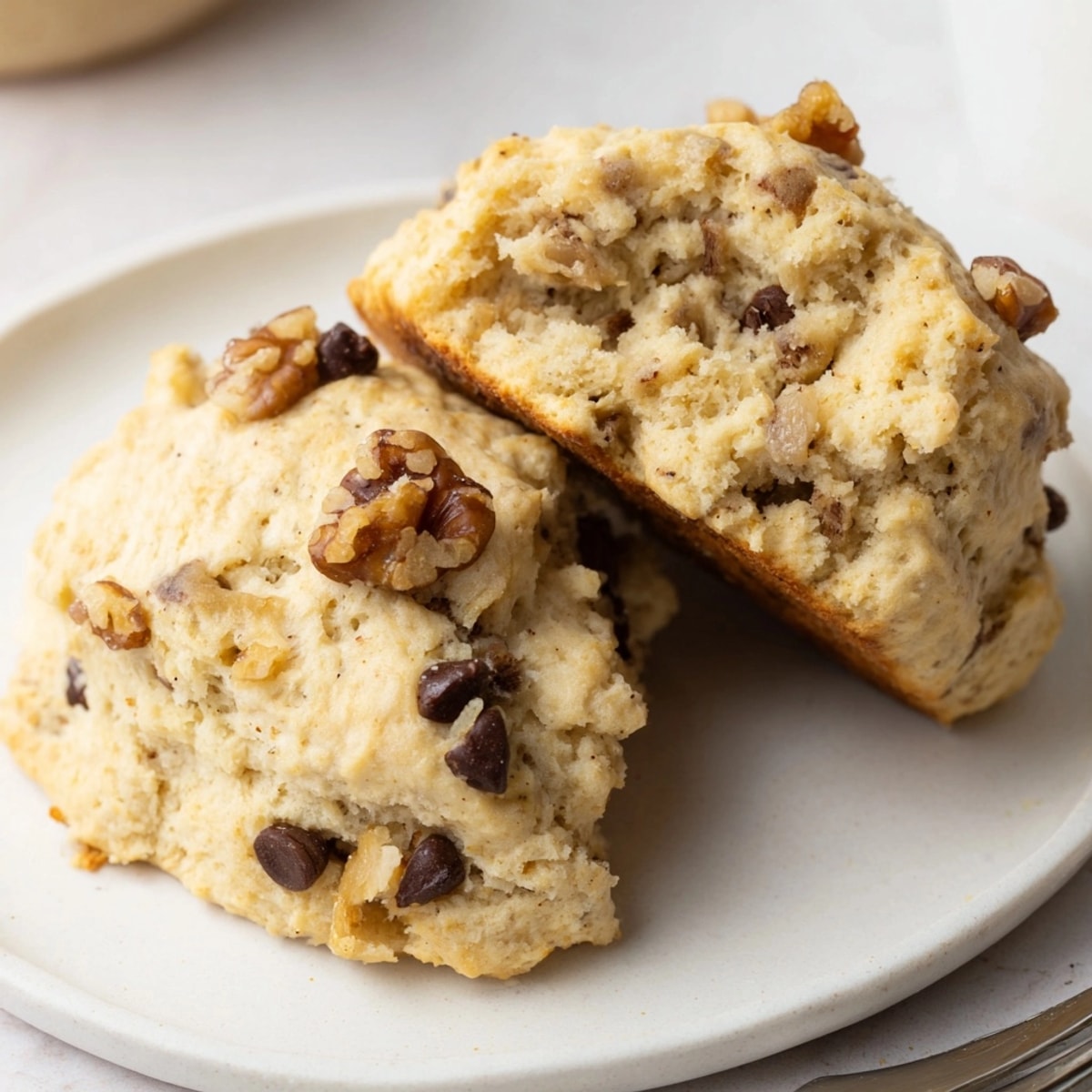 Close-up of freshly baked Protein Banana Ricotta Scones, studded with walnuts, ready to eat.