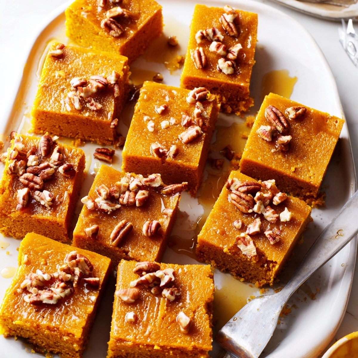 Homemade Cinnamon Maple Pumpkin Bars cooling, drizzled maple topping glistens invitingly.