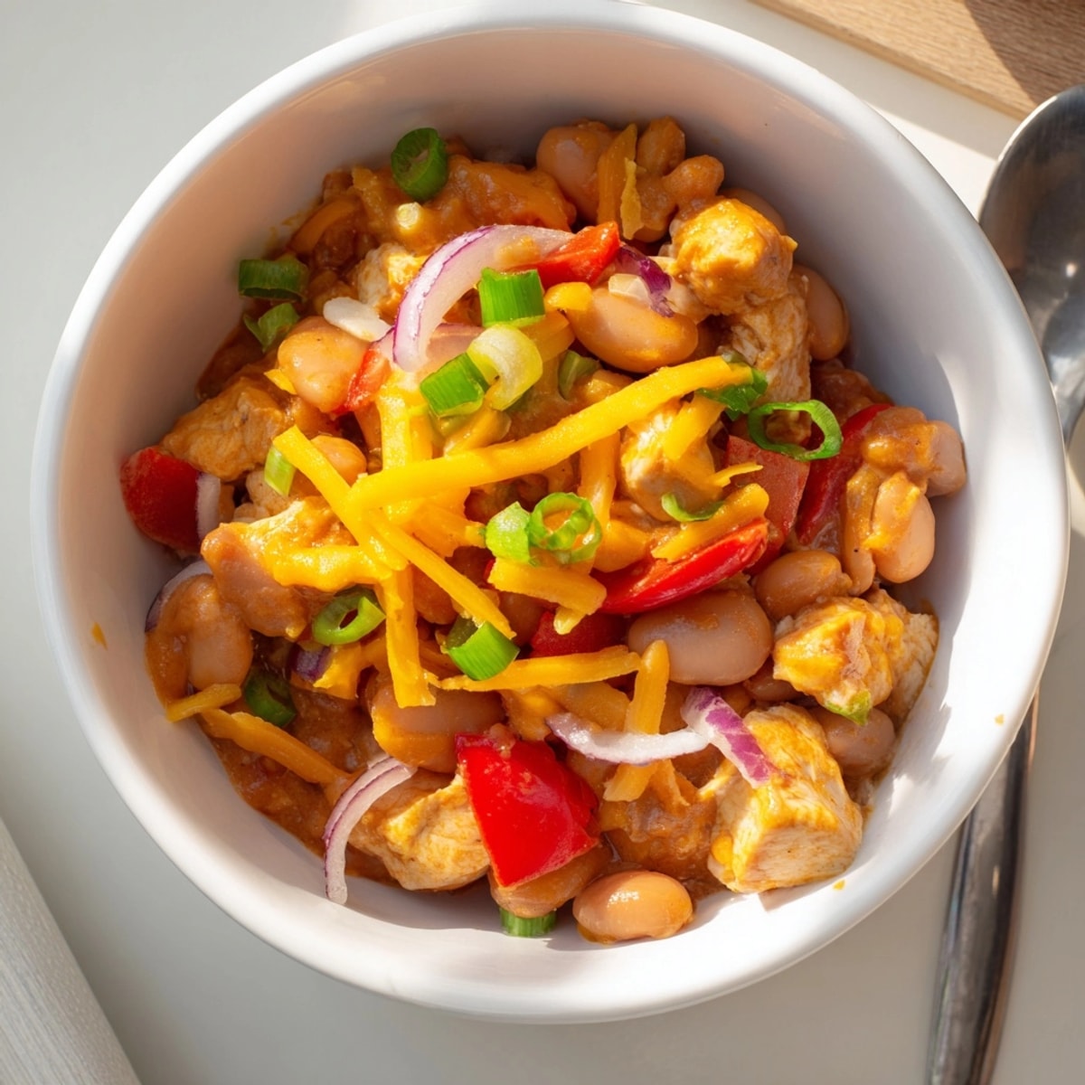 A bowl of creamy Cajun Chicken Cheddar Pintos, garnished with fresh green onions.