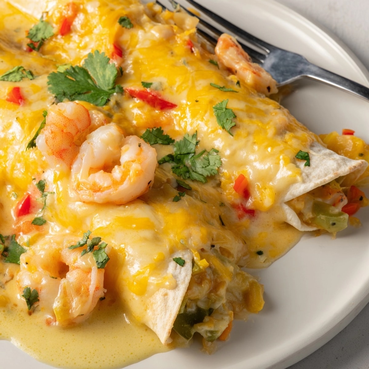 Golden, bubbly cheesy garlic shrimp enchiladas fresh from the oven, garnished with cilantro.