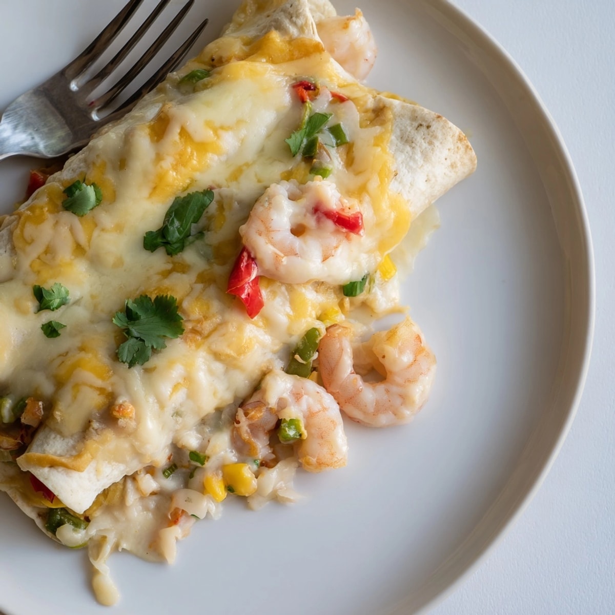 Baked cheesy garlic shrimp enchiladas, a Tex-Mex delight with vibrant flavors, ready to eat.