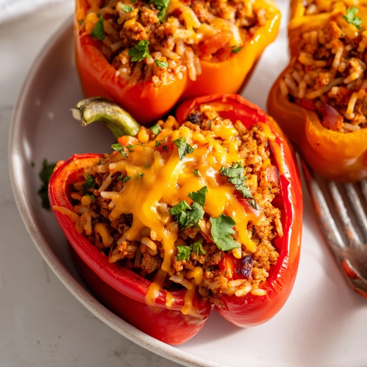 Colorful Cajun Turkey Stuffed Sweet Peppers, ready to bake, showcasing the savory filling.