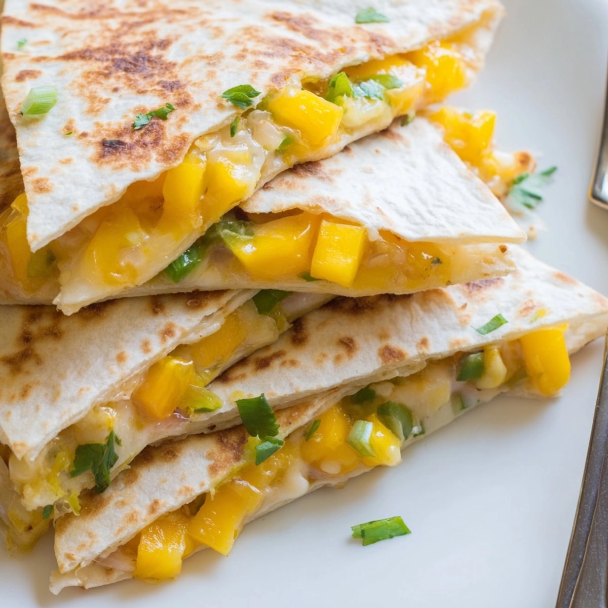 Golden brown Cheesy Mango Quesadilla Triangles, filled with sweet fruit and melting cheese.