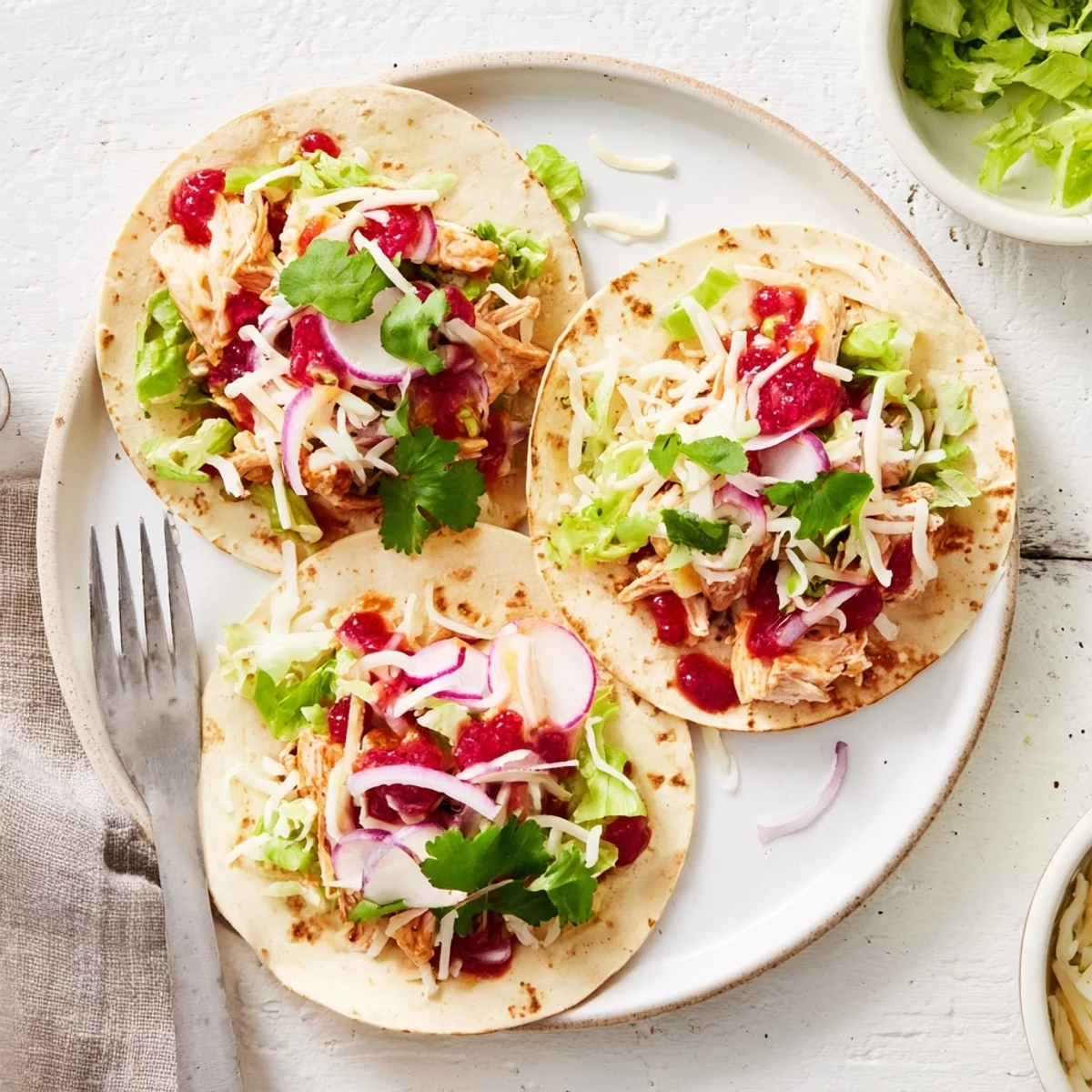 Tangy cranberry jalapeño dip tacos, topped with fresh cilantro and cheese.  