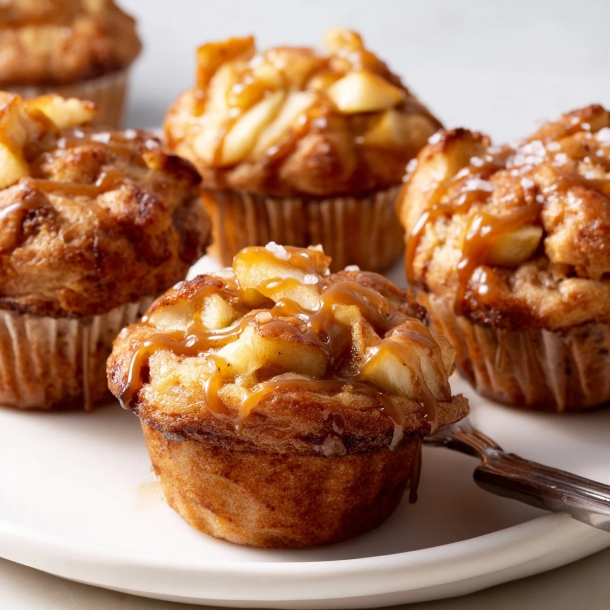 Warm cinnamon-swirled apple muffins topped with luscious caramel glaze, perfect for breakfast.  