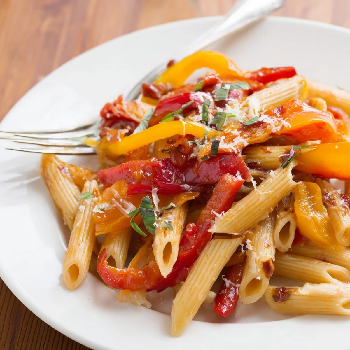 Savor the warmth of spicy fall pasta with roasted peppers and herbs.  