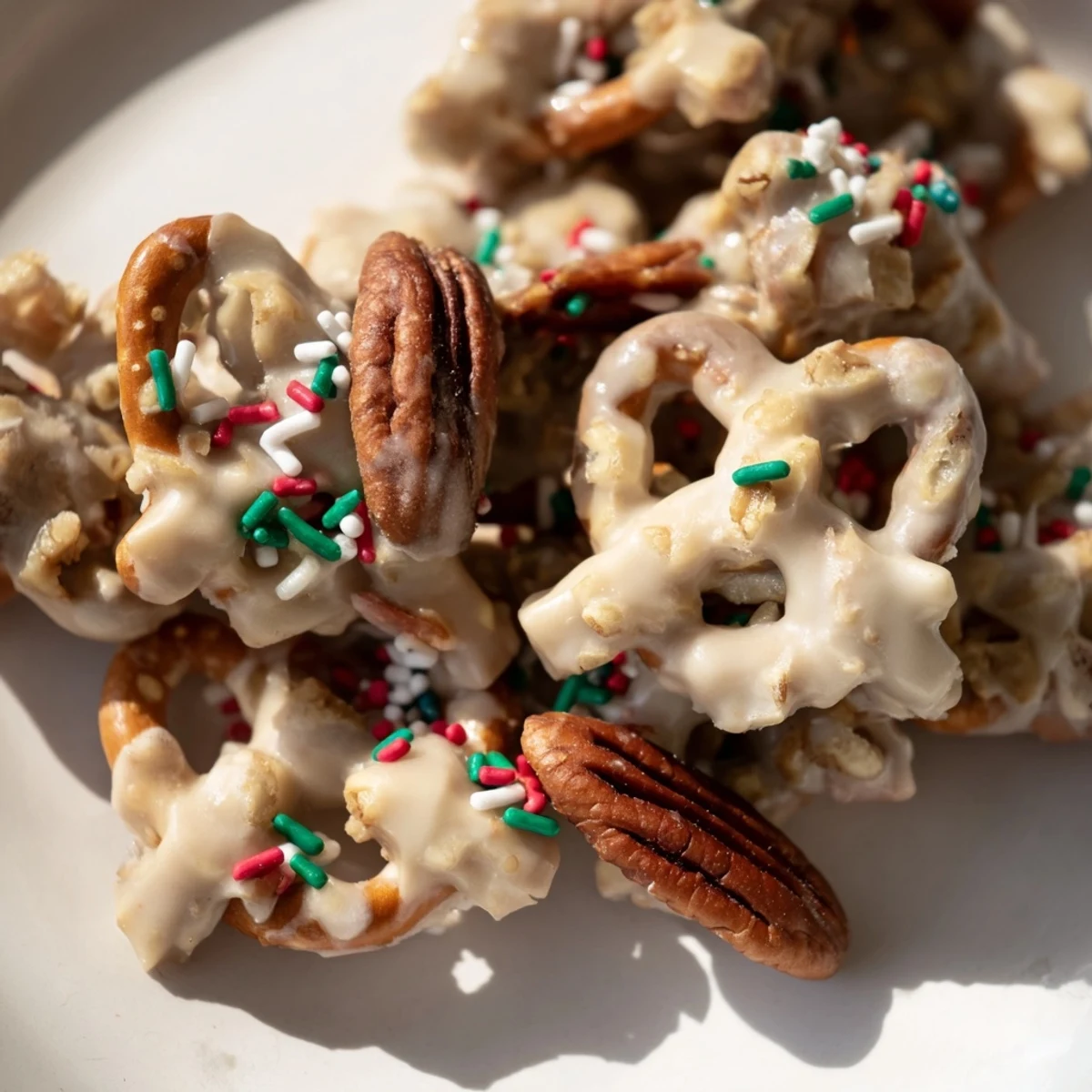 Delicious Holiday Snack Gingerbread Pretzel Clusters coated in white chocolate and spices.  