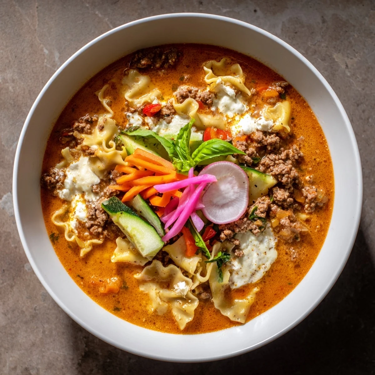 Hearty Lasagne Soup topped with creamy cheese and vibrant pickled vegetables.  