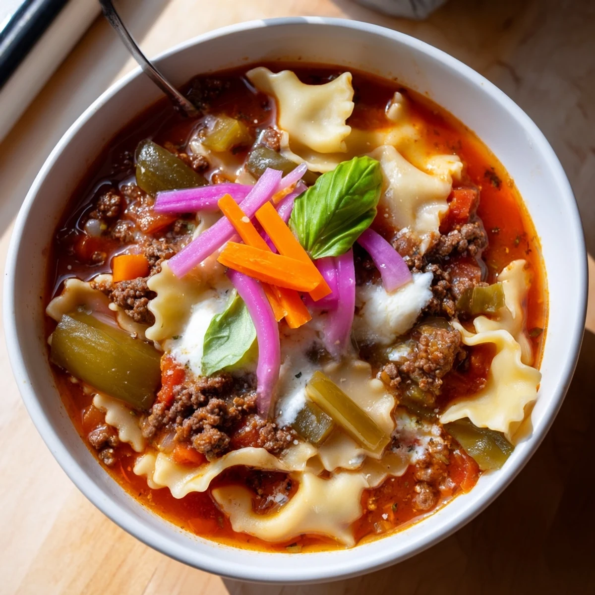 Delicious Lasagne Soup served with rich cheese and eye-catching pickled veggie accents.