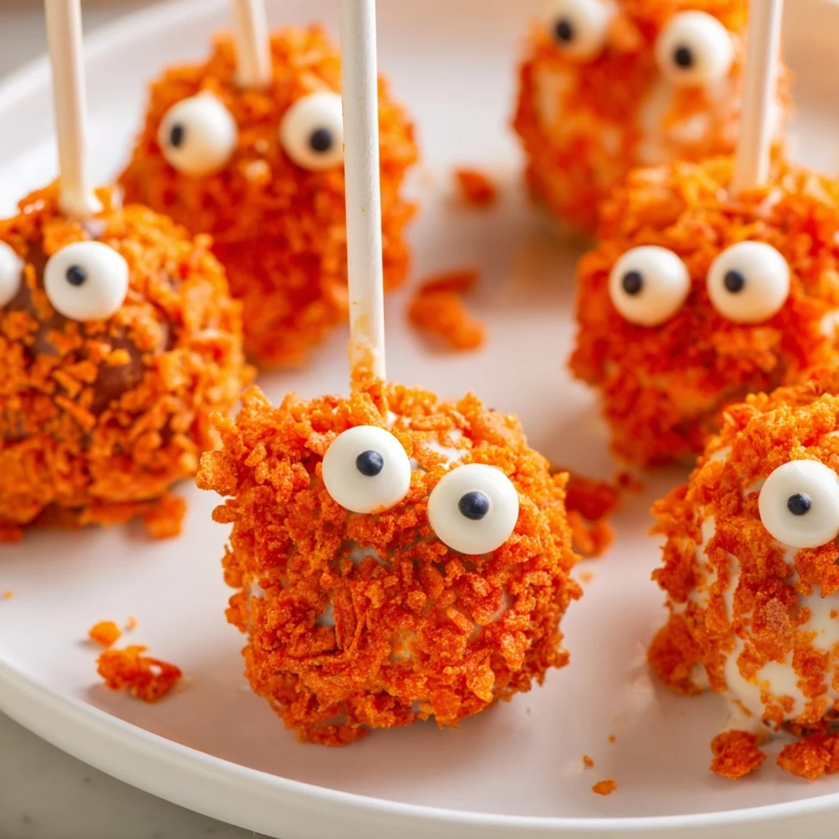 Flamin Hot Dill Pickle Sweet Potato Monster Cake Pops decorated with candy eyes for Halloween fun.  