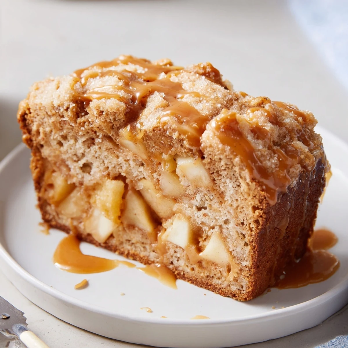 Moist cream soda caramel apple biscuit muffin loaf, topped with buttery crumble, drizzled caramel.  