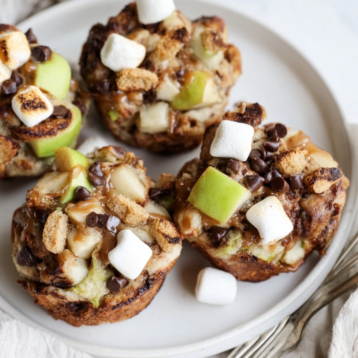 Delicious bite-sized Smores Caramel Apple Cinnamon Pancake Muffin Balls, drizzled with caramel sauce.  