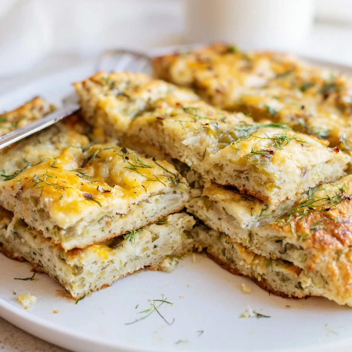 Savory pancake bars with dill, garlic, and spicy chili for a unique brunch treat.  
