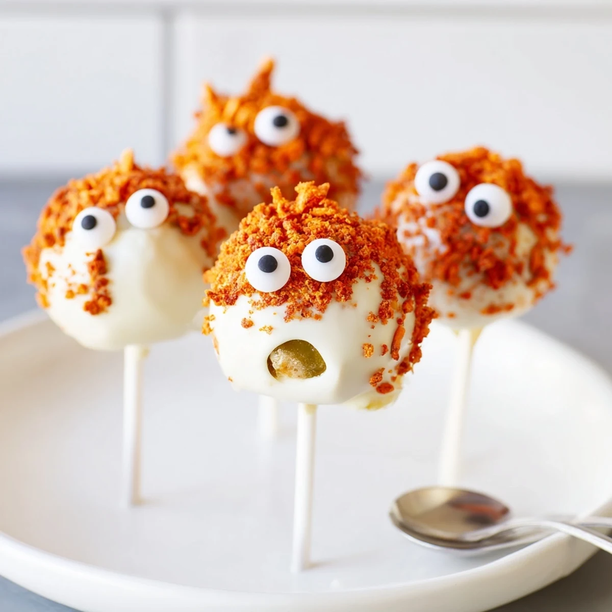 Flamin Hot Dill Pickle Sweet Potato Monster Cake Pops showcased with vibrant colors and playful toppings.  
