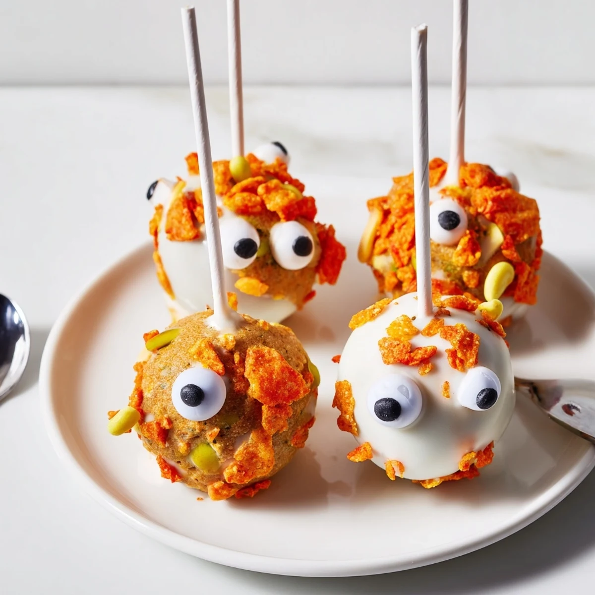 Delicious Flamin Hot Dill Pickle Sweet Potato Monster Cake Pops ready for a fun party treat.  