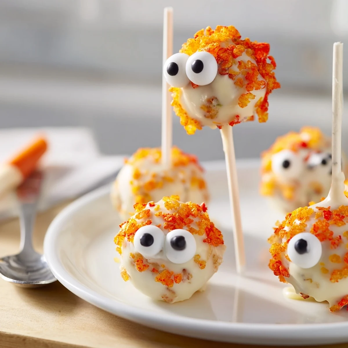 Eye-catching Flamin Hot Dill Pickle Sweet Potato Monster Cake Pops decorated with candy eyes and crunch.