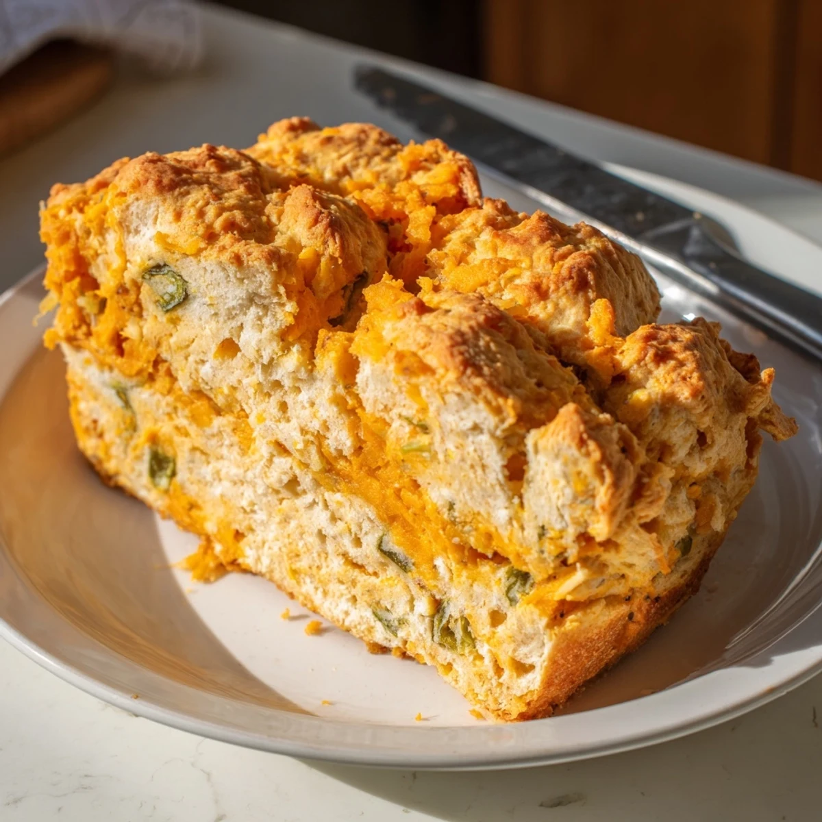 Savory Sweet Potato Cheesy Jalapeño Biscuit Muffin Loaf fresh from the oven, golden and fluffy.  