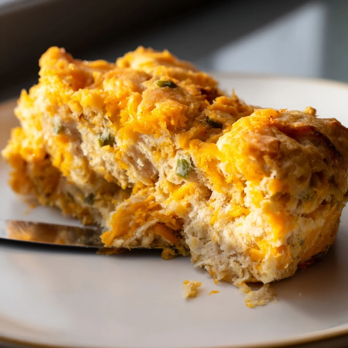 Slices of Sweet Potato Cheesy Jalapeño Biscuit Muffin Loaf served warm, oozing cheese and spice.  