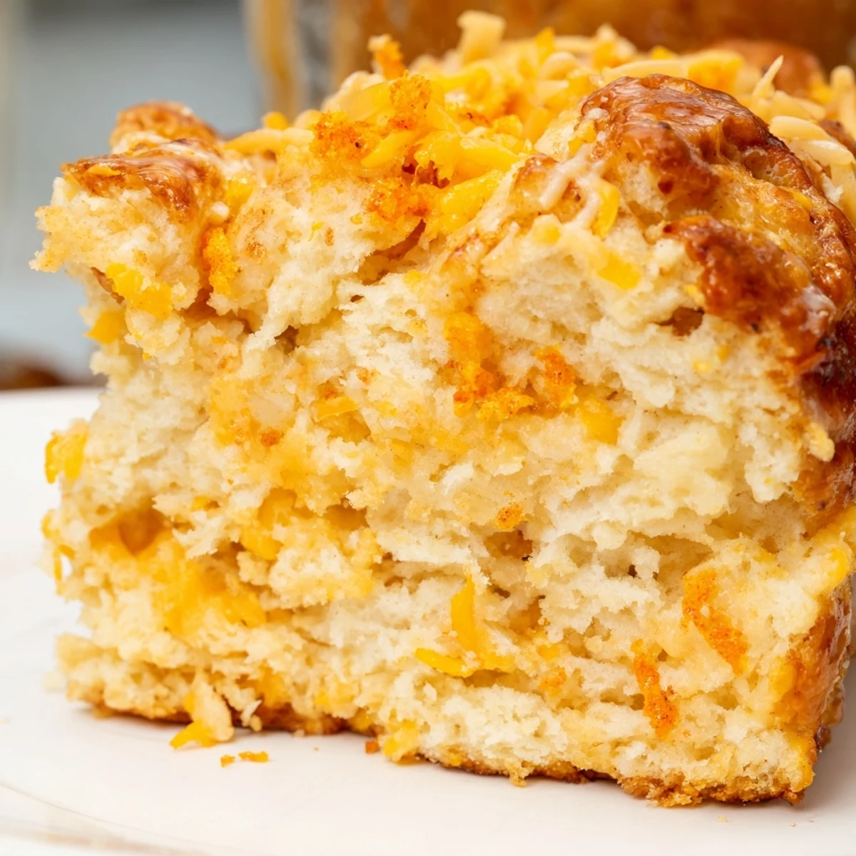 A colorful slice of Flamin Hot Cheddar Cinnamon Sugar Biscuit Muffin Loaf on a plate.  