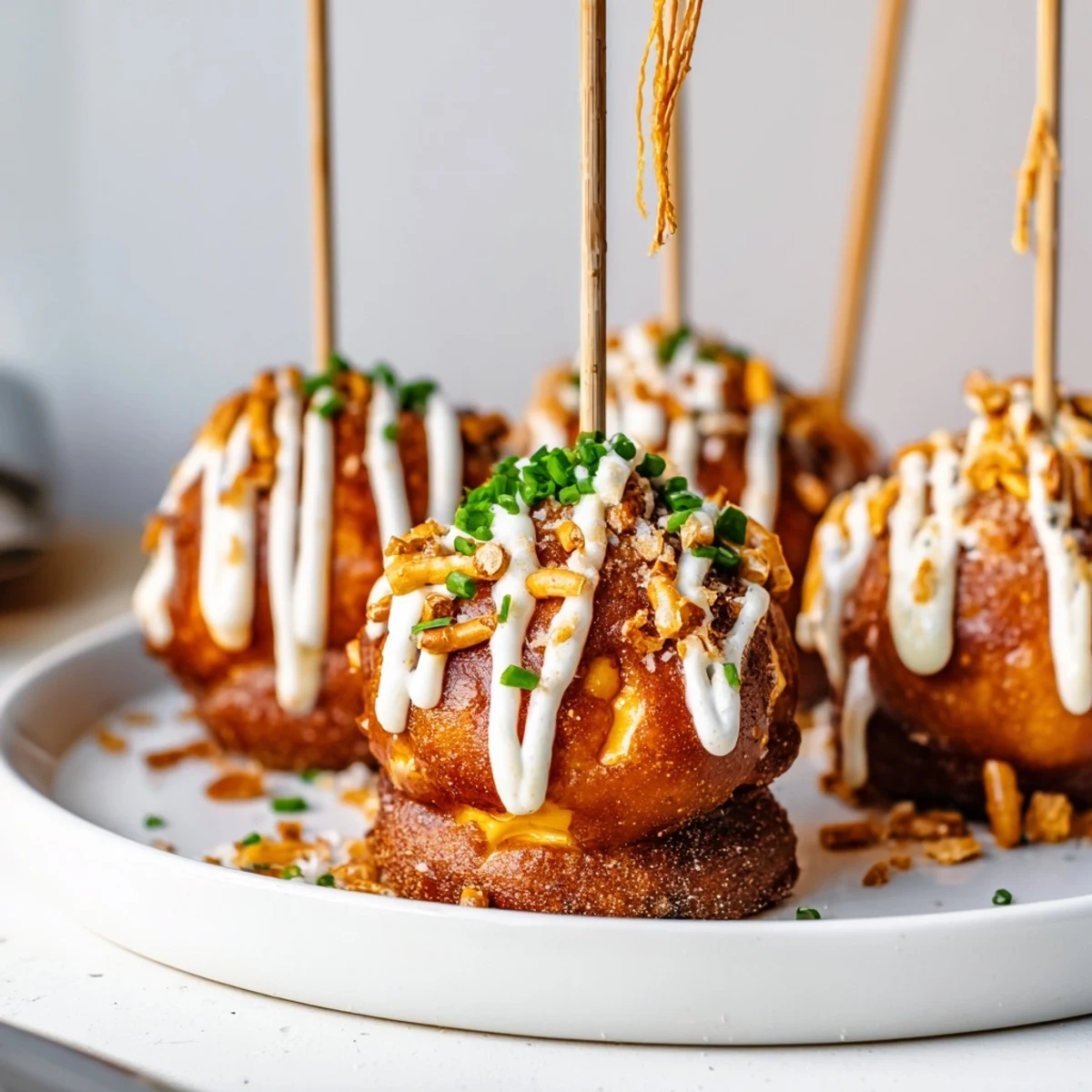 Cheesy Pretzel Buffalo Ranch Churro Cake Pancake Pops drizzled with tangy buffalo sauce.  