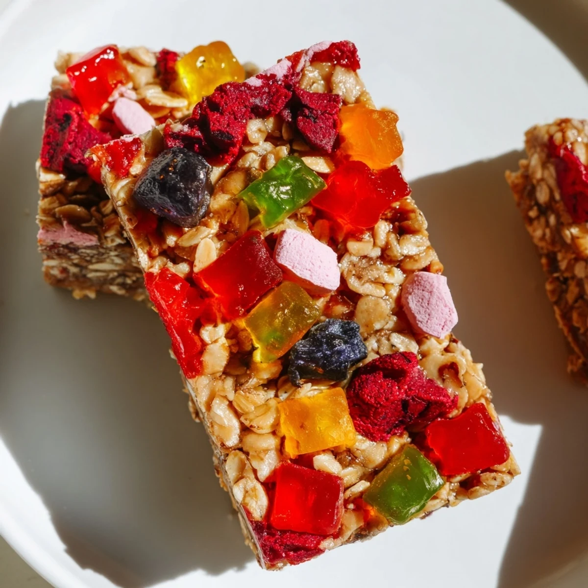 Colorful DIY Snack Bars topped with chewy homemade gummies and freeze-dried treats.  