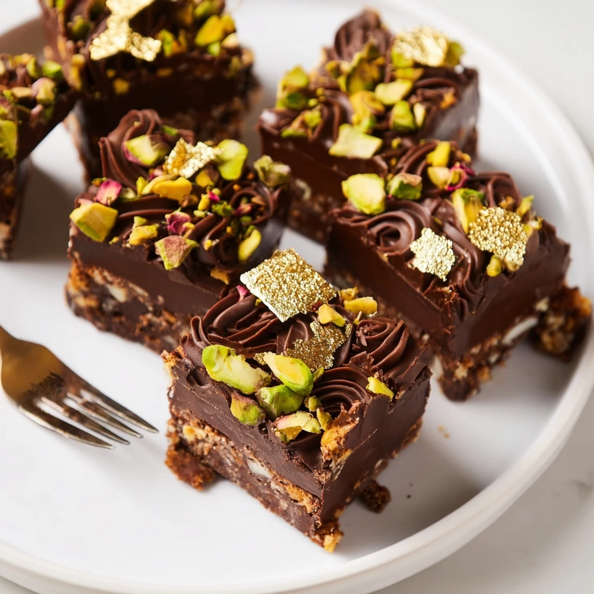 Decadent chocolate bar inspired creations topped with spiced date caramel and pistachios.
